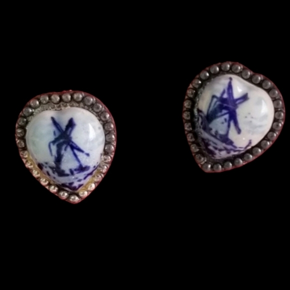Vintage Delft Windmill Sterling Earrings - Picture 1 of 4